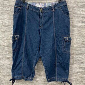 Pink Line Plus Size 22 Denim Cargo Capri Pants — Drawstring Hems, Double-Button,